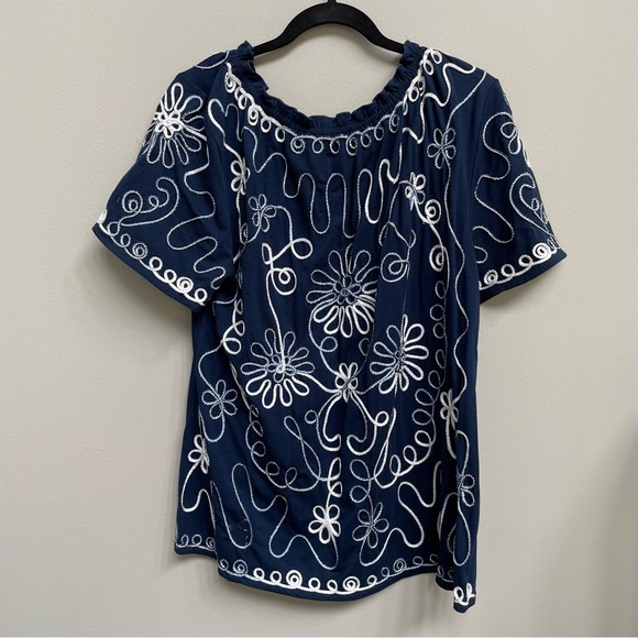 Women’s Navy Short Sleeve Top with White & Silver Swirl Design - Size 1X - Picture 4 of 12
